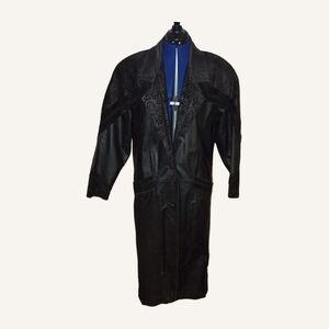 Vintage COMINT Long Black Leather Embossed Coat Sz Meduim